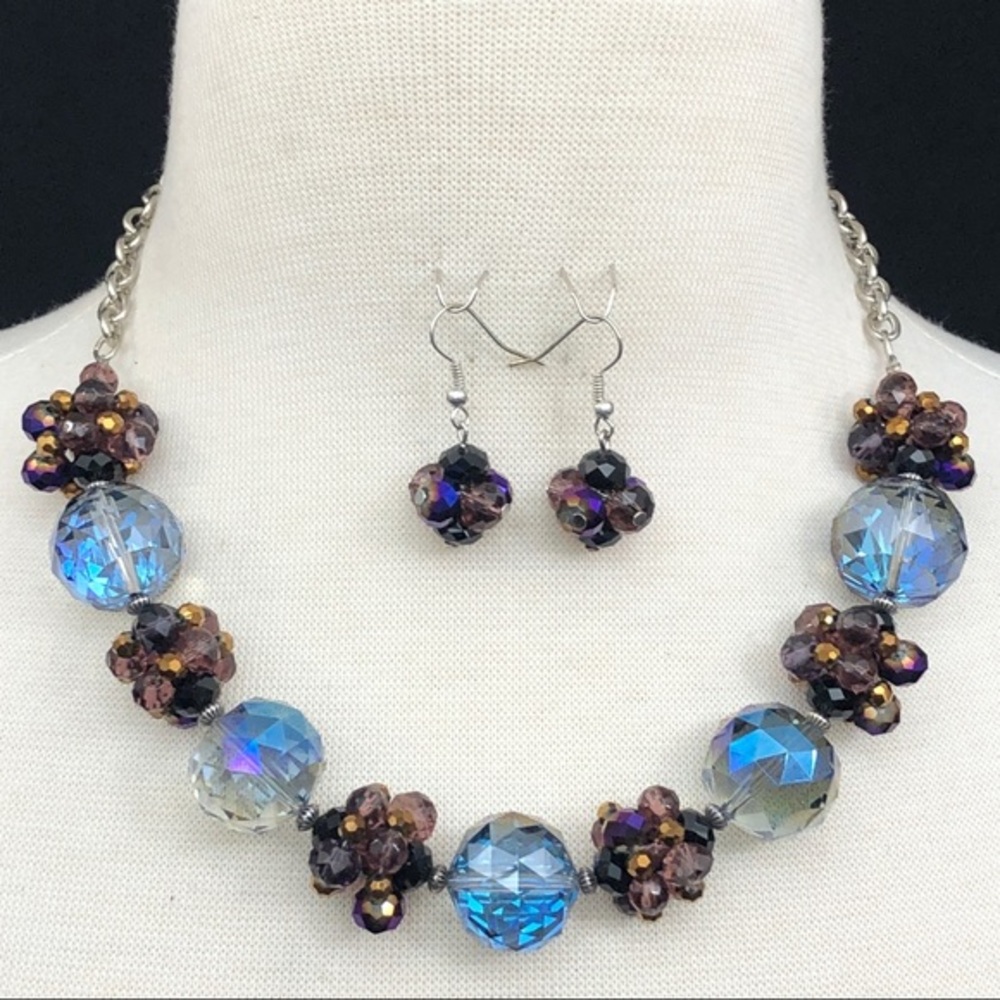 Chunky Purple Blue Glass Bead Necklace Earring Set